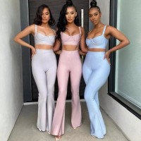 Bandage 2 Two-piece Set Sleeveless Tight Short Top & High Waist Flared Trousers Pants Set